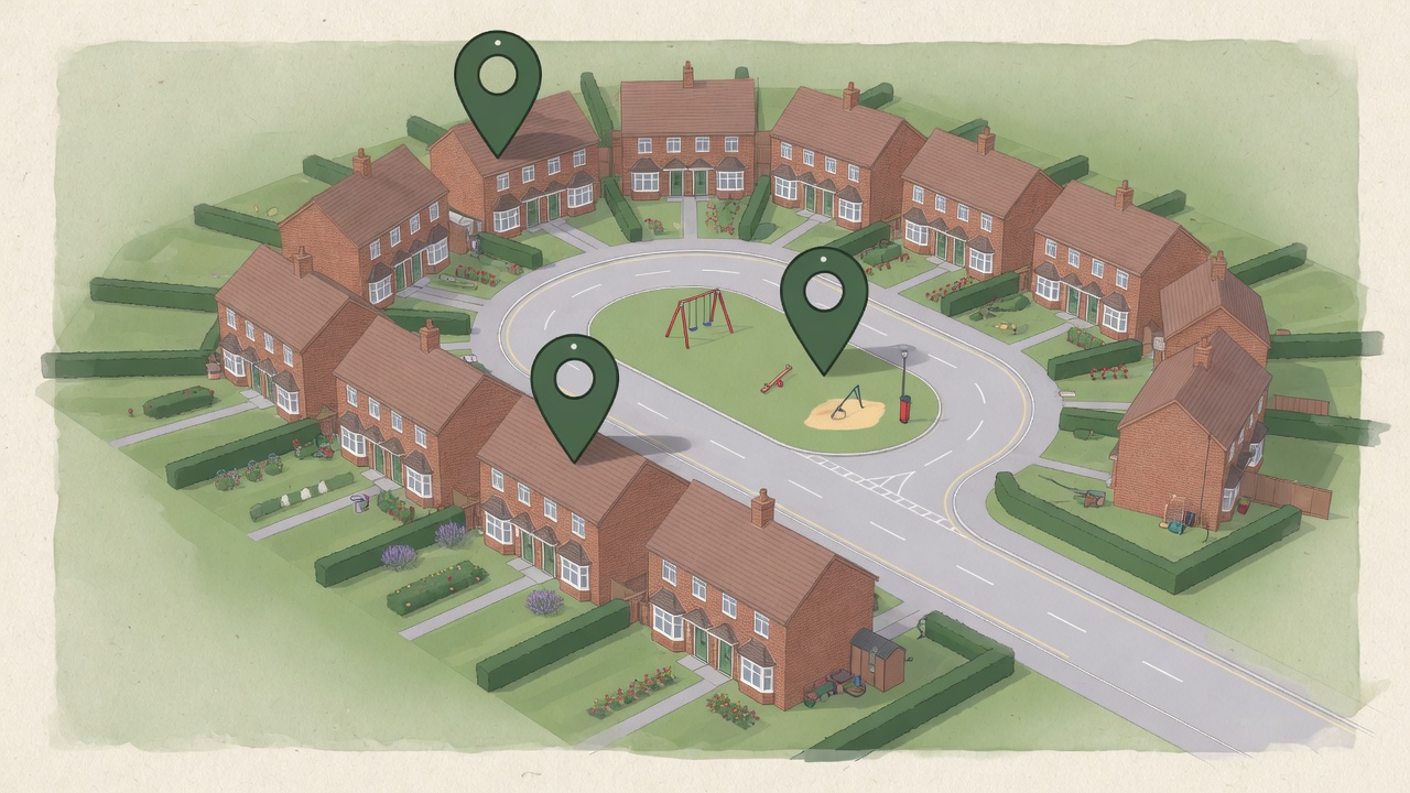 Illustrated cul-de-sac of brick houses with three map pins marking issues on the estate.